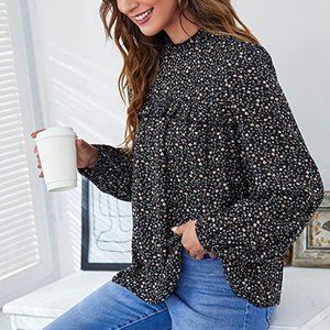 a.n.a Long Sleeve Stand Collar Blouses Blue Spring Floral XL